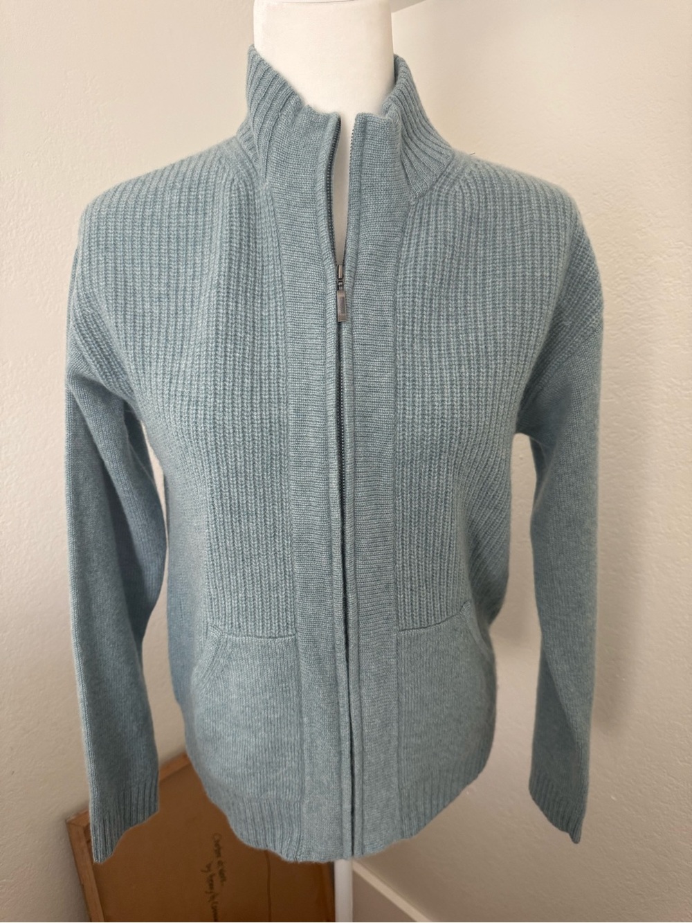 The cashmere project Light Blue Full-Zip Ribbed cashmere Cardigan Sweater